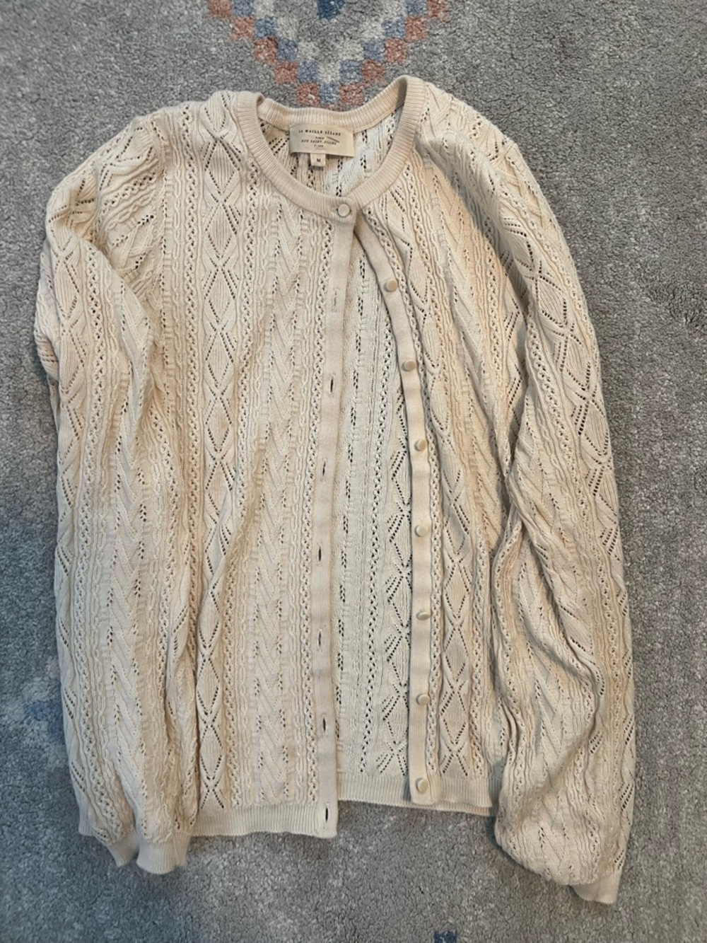 Sezane Light Cream Openwork Button Cardigan Sweater